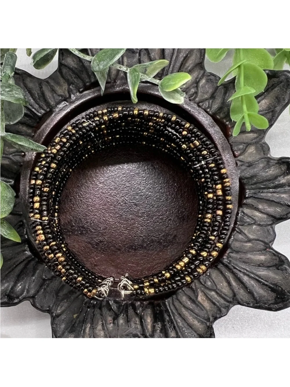 Black and Gold Beaded Stretch Cuff Bracelet -FINAL PRICE DROP